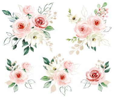 Floral collection with watercolor flowers, set of colorful bouquets