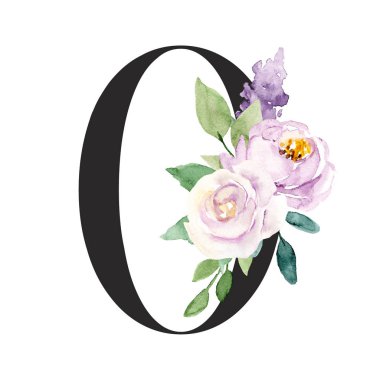 stylish watercolor painting with floral elements, number 0 on white background
