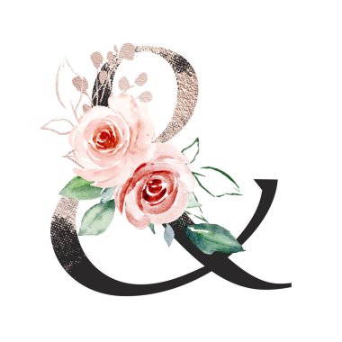 ampersand symbol on white background, watercolor painting with flowers