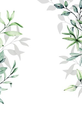 Beyaz arka planda suluboya yaprakları ve çiçekli tebrik kartı şablonu, çiçek çerçeveleri