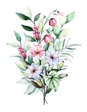 Yapraklı suluboya çiçekler, çiçek boyama konsepti.