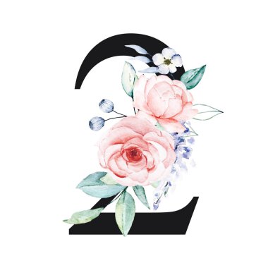 number 2 on white background, with flowers and leaves made with watercolor, floral monogram