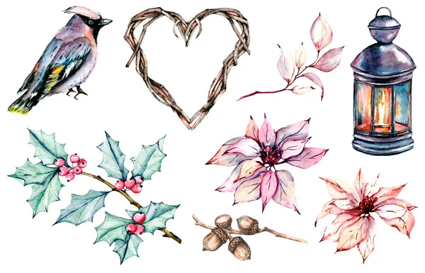 Watercolor flowers set. Frame hearts, lantern, birds for the design of greeting cards, posters, invitations, shows, banners, blogs. Hand drawing. Isolated on white.