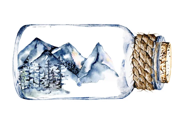 glass jar with snowy mountains and trees inside, watercolor drawing concept 