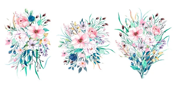 Bahar çiçekleri beyaz arka planda suluboya buketler, el boyası.