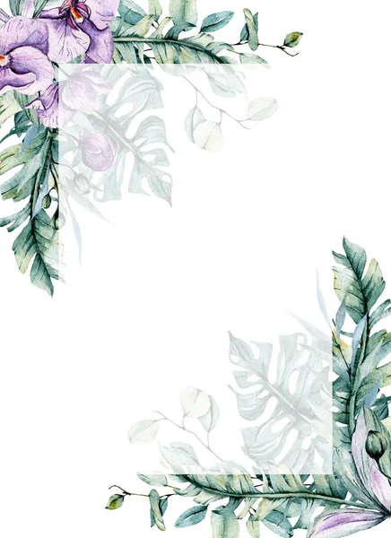 Floral frame border with flowers watercolor art painting, greeting card template