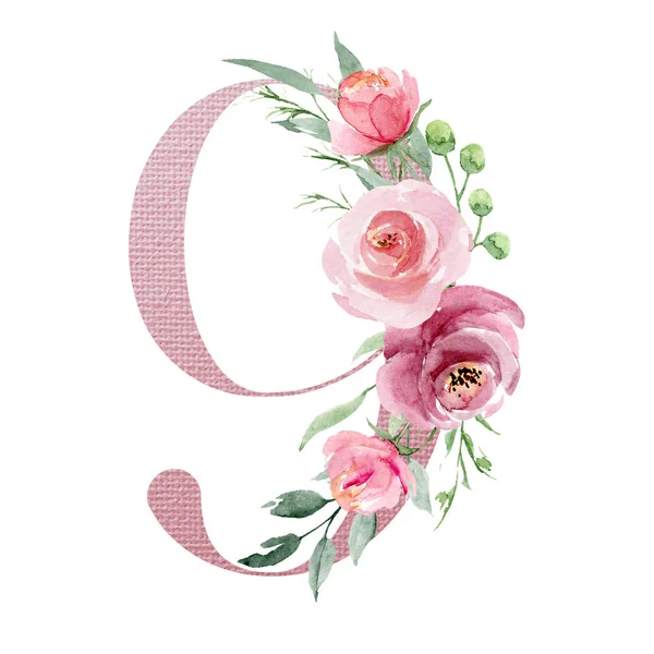 9 numara, elle çizilmiş suluboya resim tasarımı. 