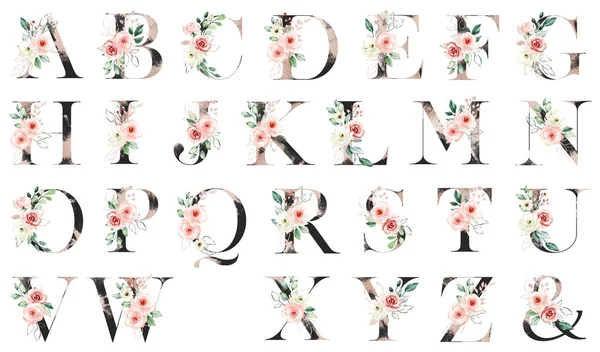 Floral alphabet, letters set with watercolor flowers and leaves