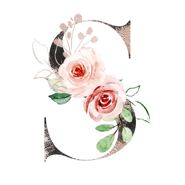 suluboya resim, çiçek ve yapraklı S harfi, çiçek alfabesi.