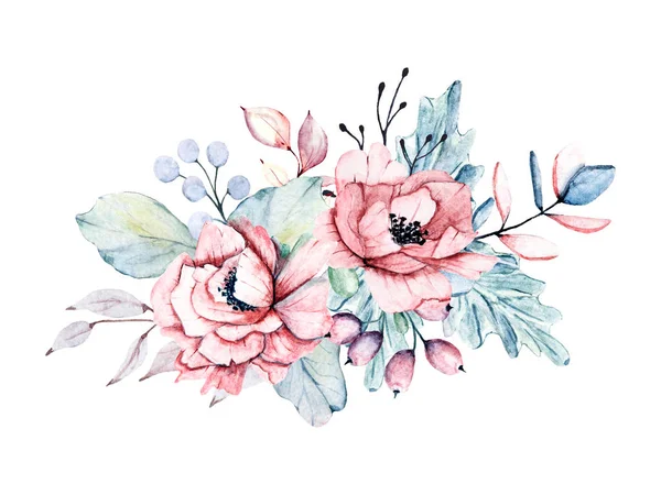 Bunte Aquarell Pfingstrosen Blumen Mit Blättern Handgezeichnete Florale Konzeptkunst — Stockfoto