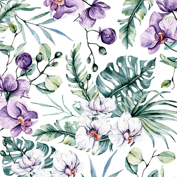 Seamless Pattern Watercolor Flowers Leaves Art Painting Design — Stock Photo, Image