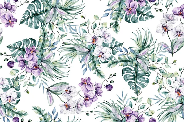 Seamless Pattern Watercolor Flowers Leaves Art Painting Design — Stock Photo, Image