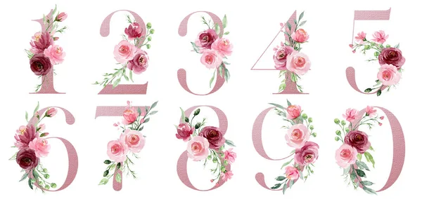 numbers set with watercolor art painting elements on white background