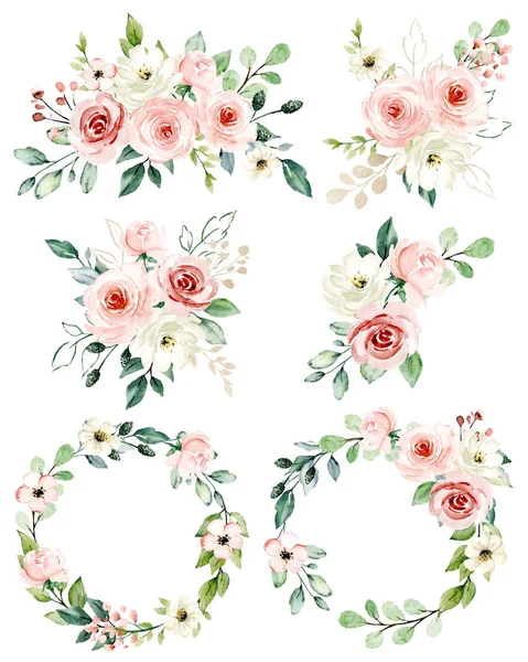 Virágos Gyűjtemény Akvarell Virágokkal Színes Csokrokkal — Stock Fotó