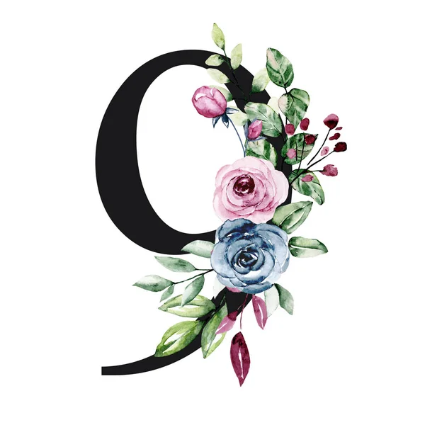 number 9 on white background, with flowers and leaves made with watercolor, floral monogram