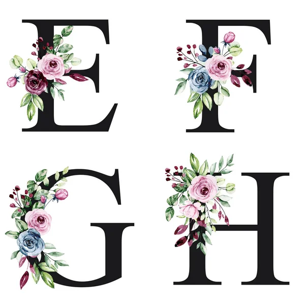 floral alphabet, letters E, F, G, H with watercolor flowers, creative art design, monogram initials