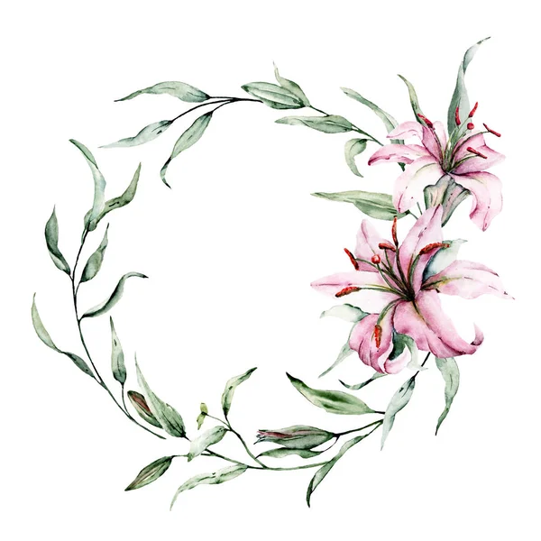 Art Decoration Circle Blossoming Lilies Watercolor Art Painting — 스톡 사진