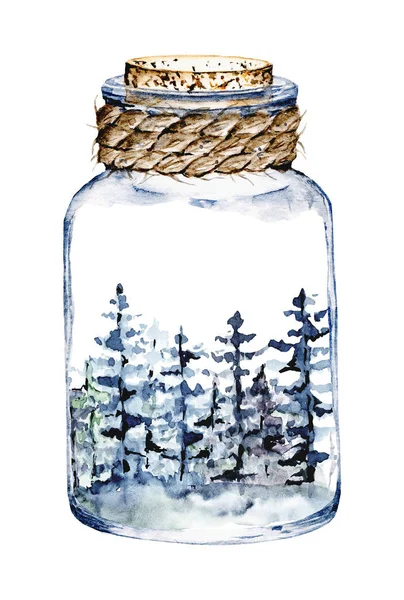 glass jar with snowy mountains and trees inside, watercolor drawing concept 