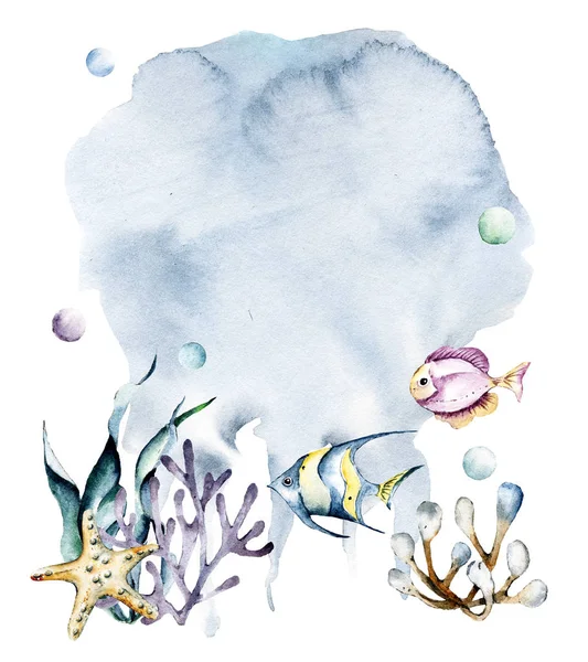Balıklar ve mercanlarla suluboya arka plan, karikatür deniz konsepti