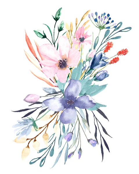 Watercolor Painting Beautiful Spring Flowers Set White Background Floral Concept — 스톡 사진