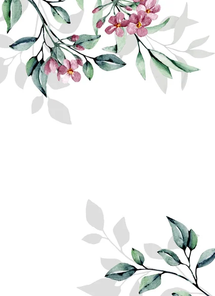 Greeting Card Template Watercolor Leaves Flowers White Background Floral Frames — 스톡 사진