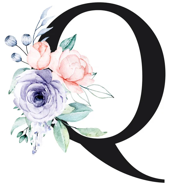 Çiçekli, suluboya çiçekli ve yapraklı Q harfi