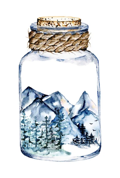 glass jar with snowy mountains and trees inside, watercolor drawing concept 