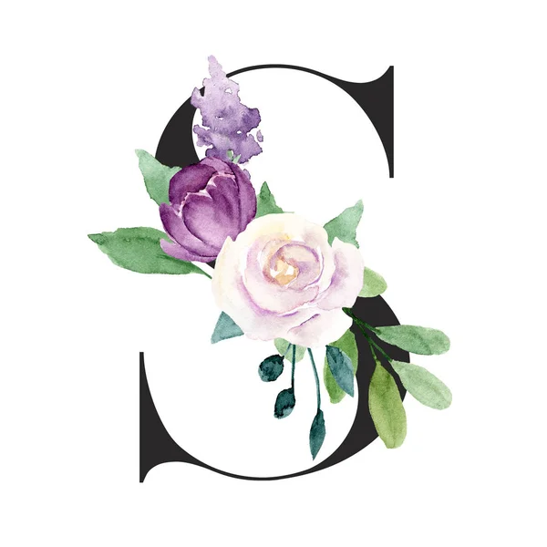 Watercolor Art Painting Letter Flowers Leaves Floral Alphabet — 스톡 사진