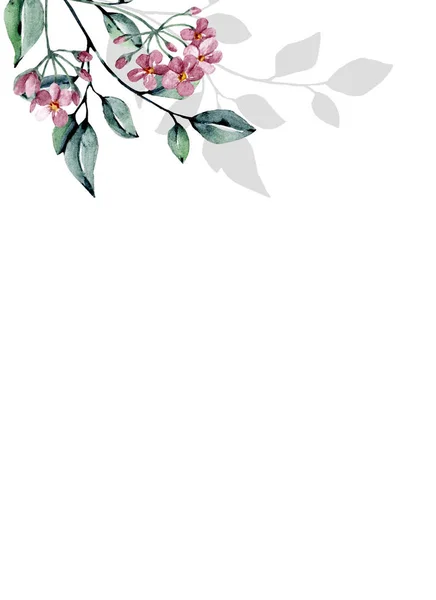 Gratulationskort Mall Med Akvarell Blad Och Blommor Vit Bakgrund Blommiga — Stockfoto