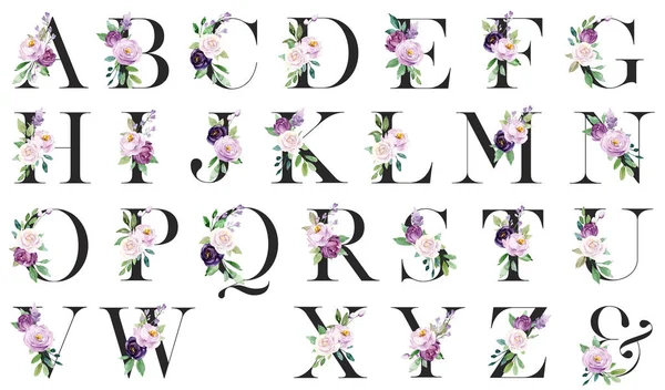 Floral Alphabet Letters Set Watercolor Flowers Leaves — Stok fotoğraf