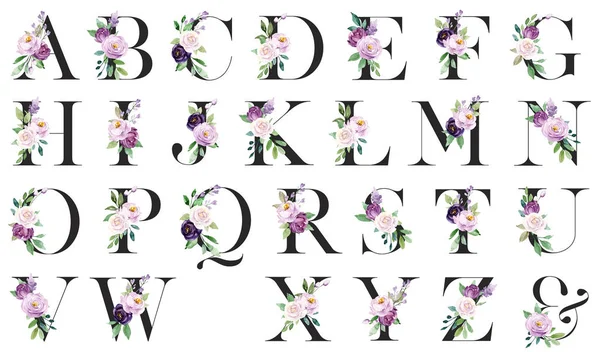 Floral alphabet, letters set with watercolor flowers and leaves