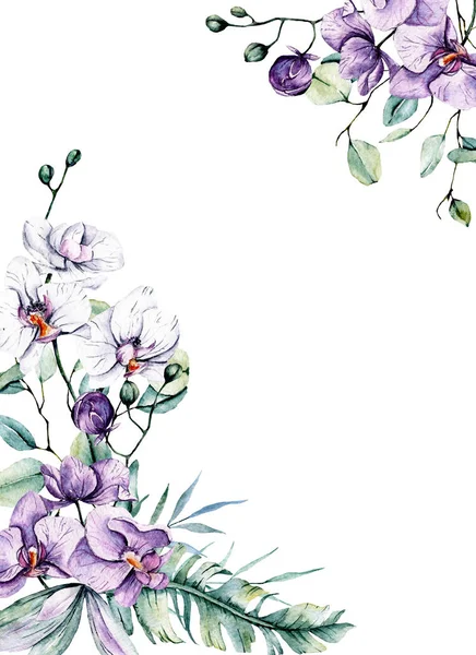 Çiçek çerçeveli suluboya çerçeve kenarı yazı için, elle boyanmış. Beyaz arkaplanda izole.