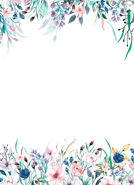 Çiçeksel çerçeve sınır tasarımı, suluboya boya çiçek ve yapraklar