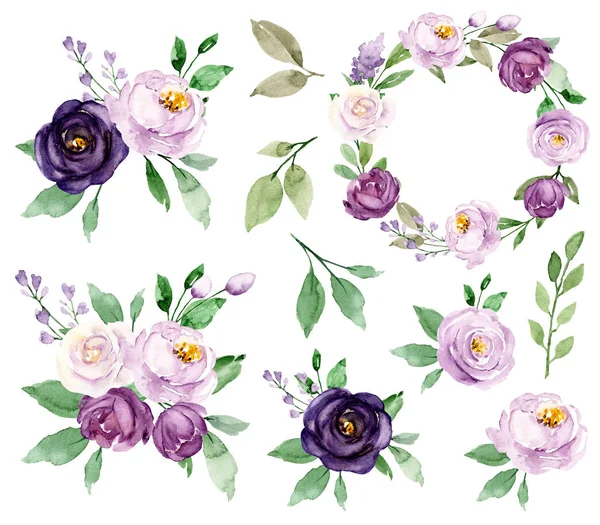 Watercolor Floral Set Decor Flowers Leaves Bouquets White Background — 스톡 사진