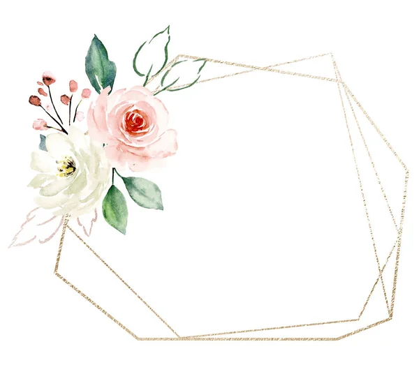 Floral Χρυσό Πλαίσιο Περίγραμμα Ακουαρέλα Λουλούδια Ιδανικό Για Γάμο Γενέθλια — Φωτογραφία Αρχείου