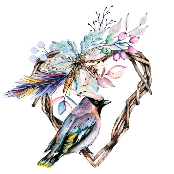 Çiçekli suluboya kalp çelengi, romantik dekorasyon, el çizimi.