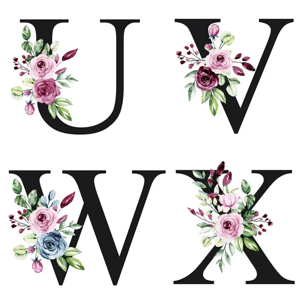 Floral Alphabet Letters Watercolor Flowers Creative Art Design Monogram Initials — 图库照片