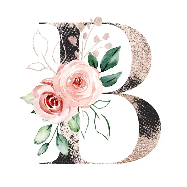 suluboya resim, çiçek ve yapraklı B harfi, çiçek alfabesi.