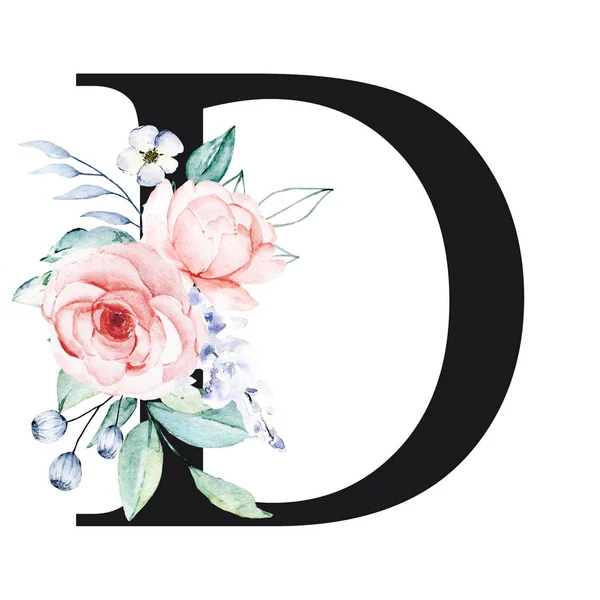 美丽的花字母D 有水彩花和叶子 — 图库照片