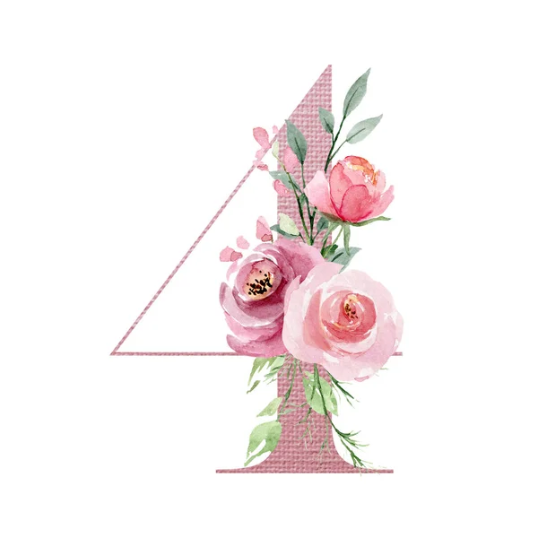 Número Acuarela Dibujada Mano Diseño Pintura Arte Floral — Foto de Stock