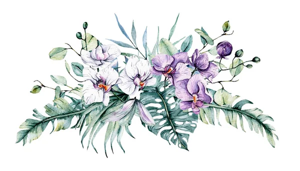 Yapraklı suluboya çiçekler, çiçek boyama konsepti.