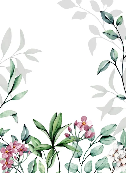 Floral frame border with flowers, watercolor art painting, greeting card template