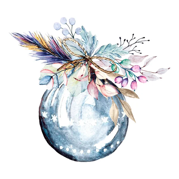 Çiçeklerle süslenmiş suluboya Noel balosu. El çizimi. Kart tasarımı, davetiyeler, posterler, çıkartmalar, afişler. Beyazda izole edilmiş.