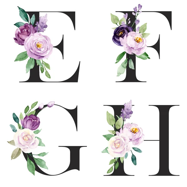 beautiful letters set with flowers and leaves, watercolor painting