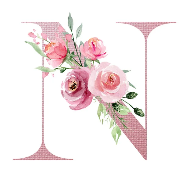 suluboya resim, çiçek ve yapraklı N harfi, çiçek alfabesi.