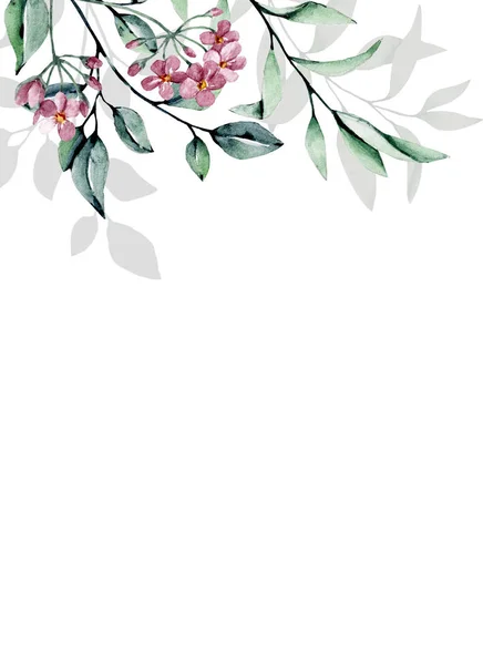 Gratulationskort Mall Med Akvarell Blad Och Blommor Vit Bakgrund Blommiga — Stockfoto