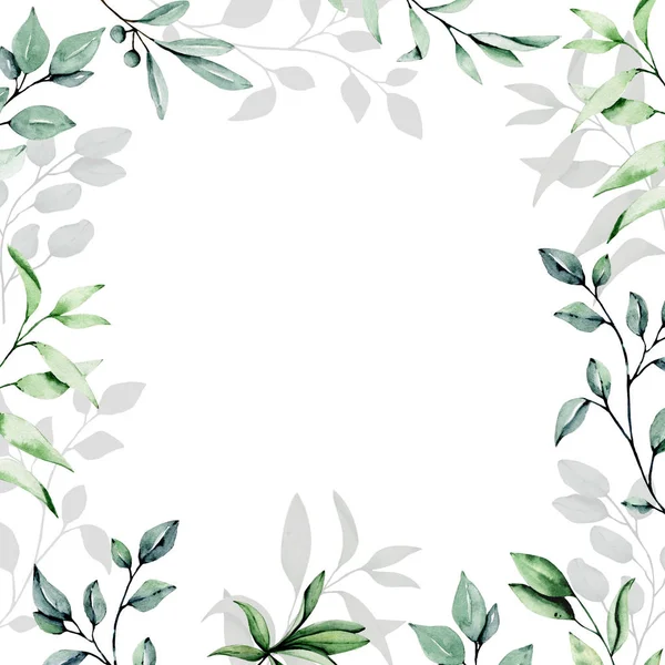 Greeting Card Template Watercolor Leaves Flowers White Background Floral Frames — 스톡 사진