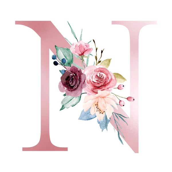 Floral Monogram Letter Watercolor Painting Flowers Leaves — Stockfoto