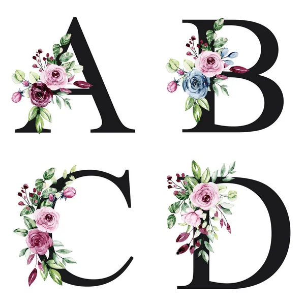 floral alphabet, letters A, B, C, D with watercolor flowers, creative art design, monogram initials