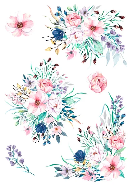 Watercolor Painting Beautiful Spring Flowers Set White Background Floral Concept — 스톡 사진